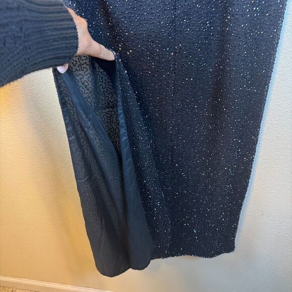 Vintage Cache Y2K 100% Silk Black Beaded Sparkly Maxi Skirt Slit Sz 10 Deadstock - Picture 4 of 8